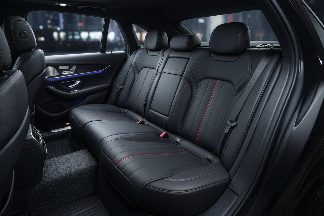 Ultra-realistic wide interior shot of a modern vehicle rear seat, premium rubber seat and seat-back protectors installed, pure black rubber with subtle red accent lines in #ff1616, black leather seats, clean white ambient light, modern luxury cabin, minimal background, studio-quality automotive lighting, precise fit visible, no people, no text, no logos, no branding, cinematic composition, slideshow hero image, 16:9 aspect ratio, ultra-high resolution, professional automotive photography